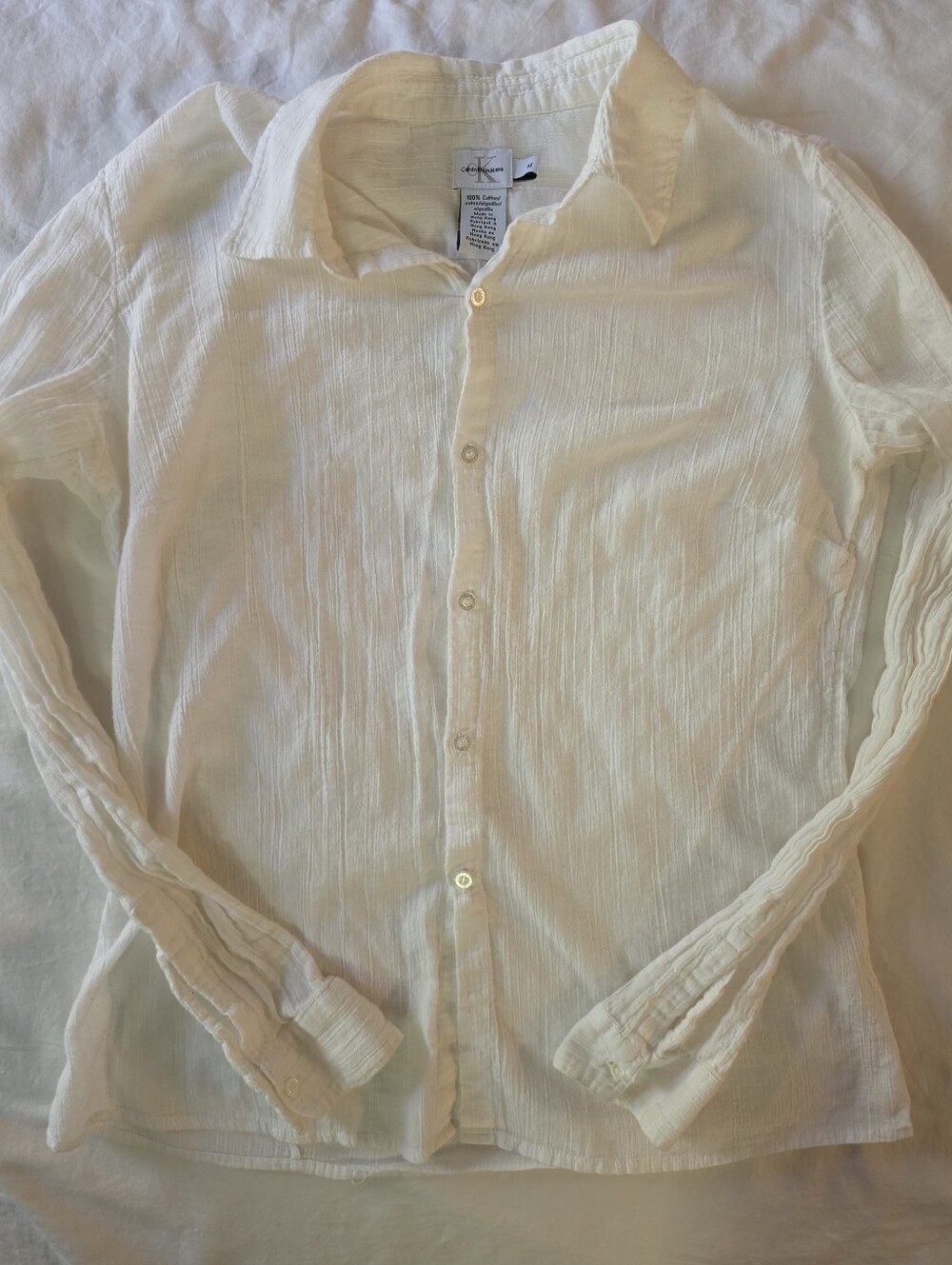 VTG Calvin Klein Jeans Y2K Crinkle Cotton Shirt M Off White Fairy Grunge Minimal